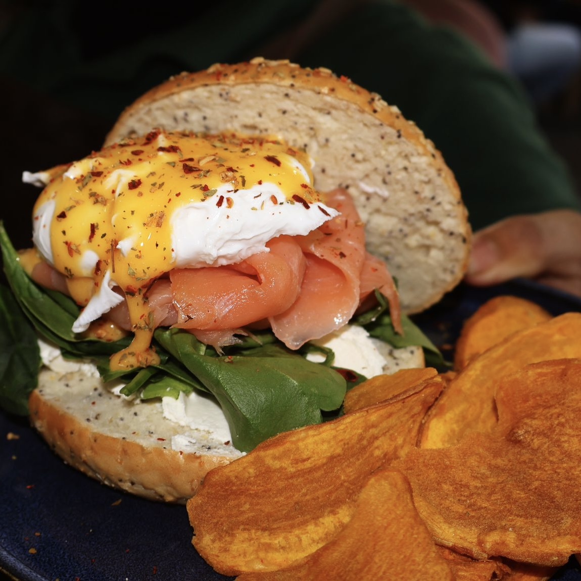 Smoked salmon, creme fraiche, spinach, poached egg, hollandaise sauce, spices